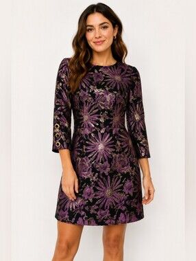 Trina Turk Metallic Floral Jacquard Dress Purple Black Gold Size 6
